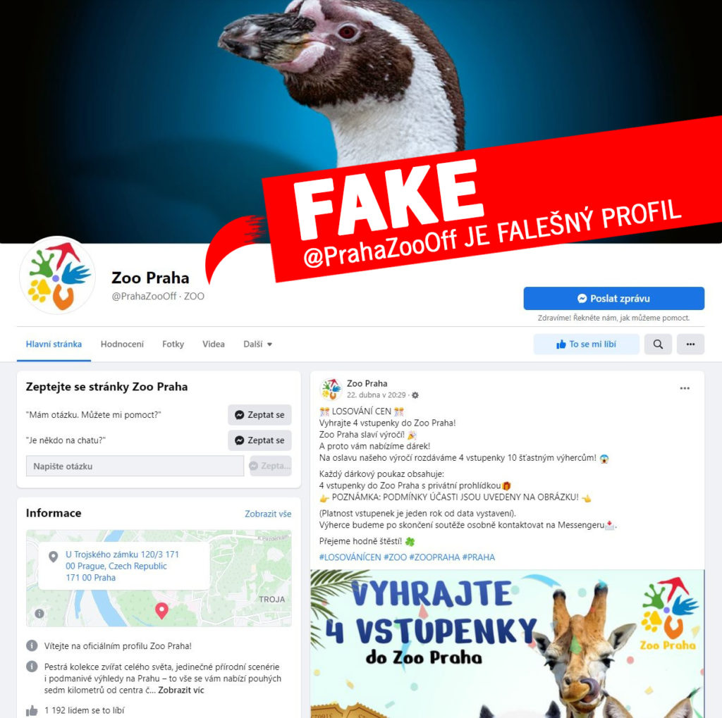 Falešná stránka ZOO Praha na Facebooku
